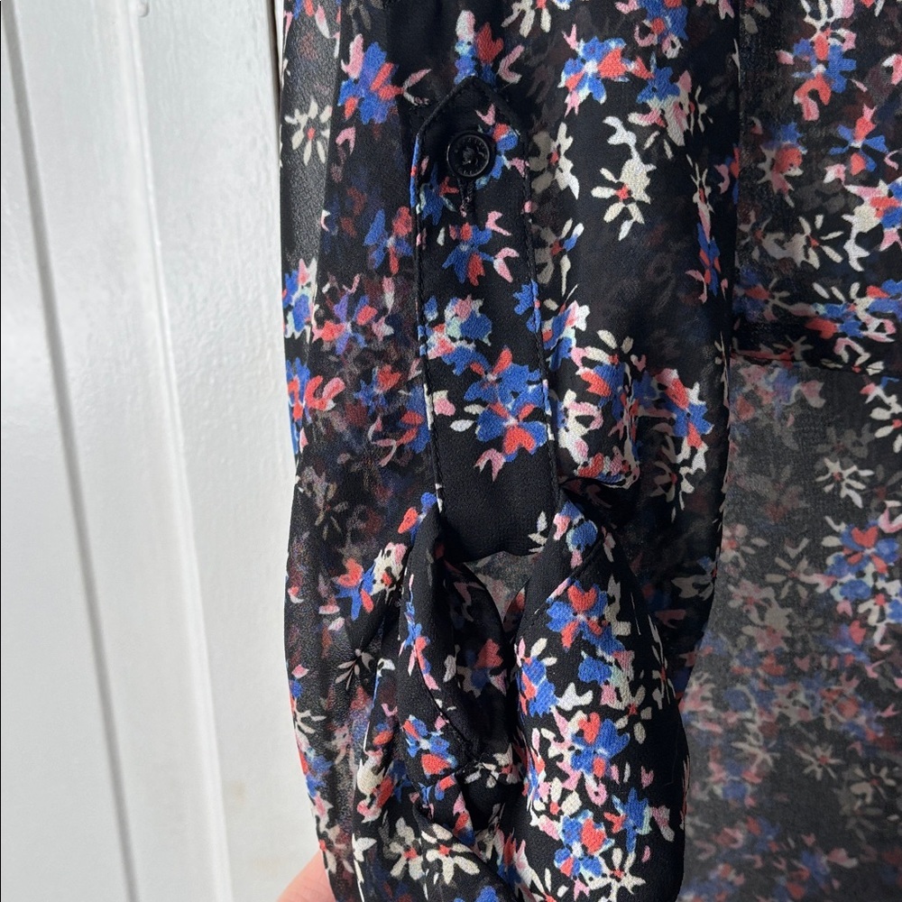 Express Black Sheer Floral Blouse with Blue, Cream and Pink Accents. Sz L - Picture 4 of 7